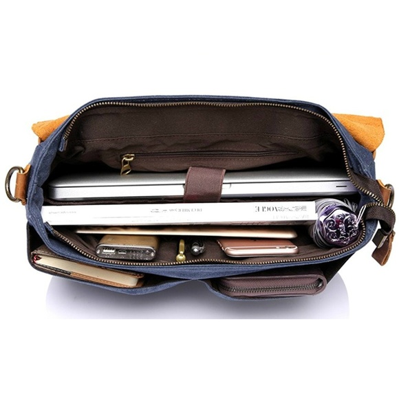 Mens Vintage Leather & Canvas Messenger Book Bag - Picture 2 of 3